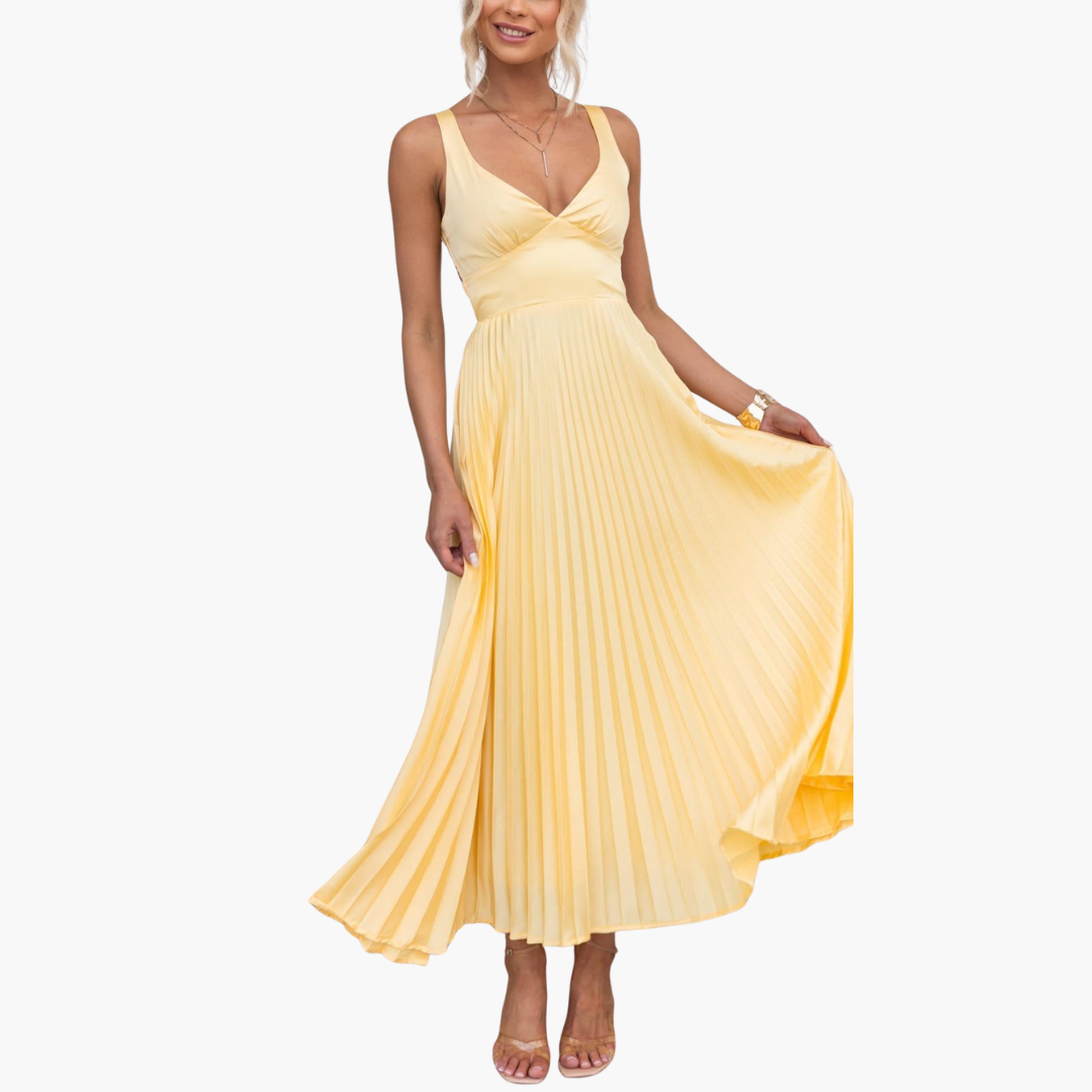 Aby™ | Yellow Pleated Maxi Dress with V-Neckline